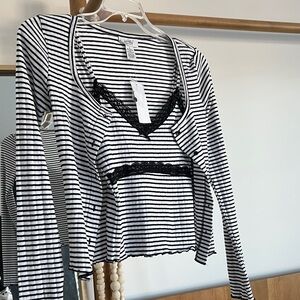 Black and White Striped Top with Lace Detail